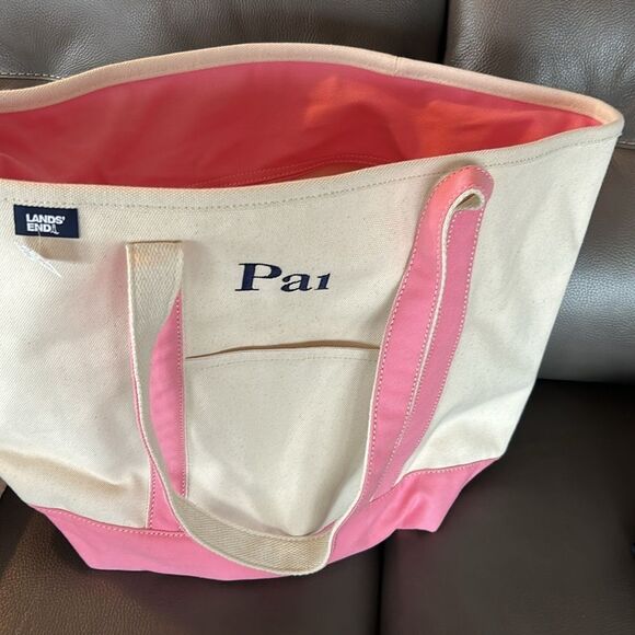 Land's End Large Zippered Canvas Tote pockets Pink Trim initials Pai Long Handle - Picture 6 of 10
